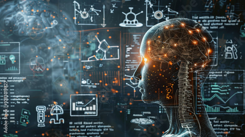 A Human-Like Silhouette With a Digital Brain Surrounded by Scientific Data and Holographic Displays Representing Artificial Intelligence, Technology, and Future Innovations