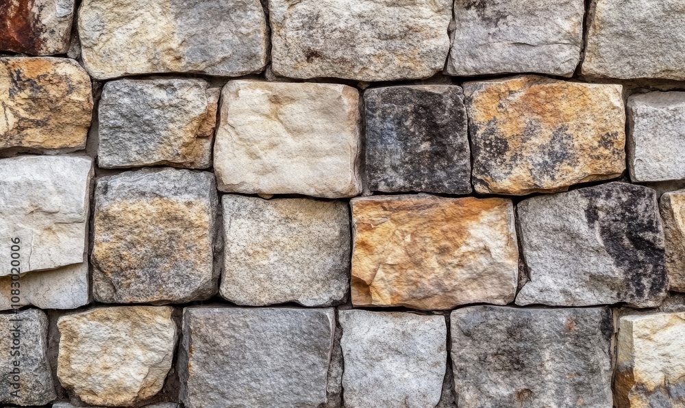 Obraz premium A close-up view of a stone wall with rectangular and square stone bricks in various shades of beige, brown, and grey