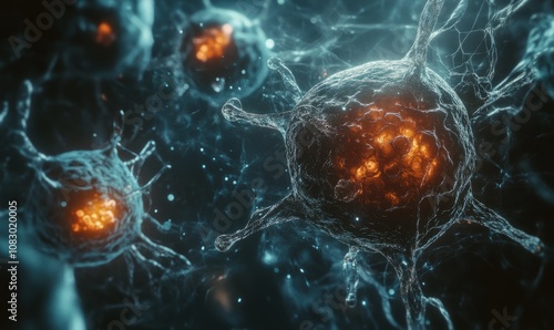 A close-up view of biological cells with detailed nuclei and internal structures, highlighting the complexity and intricacy of cellular components against a dark background. photo