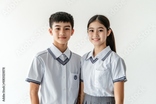 Thai girl and boy aged 20 with student uniform with white background
