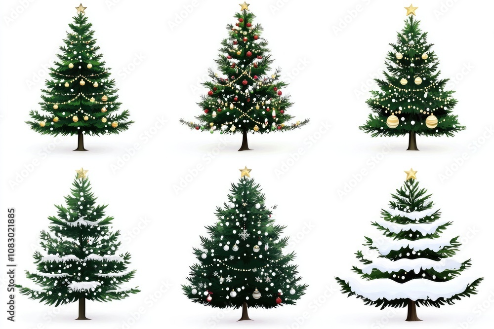 Obraz premium Four Christmas trees standing together on a white background, perfect for holiday decorations or marketing materials