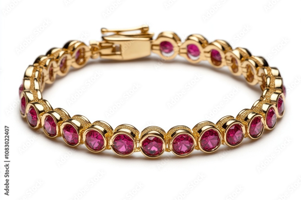 Obraz premium A luxurious gold bracelet featuring pink gemstones set against a crisp white background