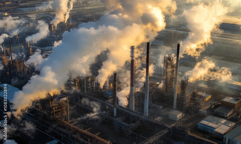 Fototapeta premium Aerial view of an industrial complex with multiple factory buildings and prominent smokestacks emitting