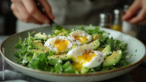Wallpaper Mural Wide shot of a modern kitchen with a beautifully plated avocado salad with poached egg in the foreground Torontodigital.ca