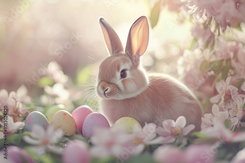 dorable Easter Bunny with Colorful Eggs in a Blooming Spring Garden photo