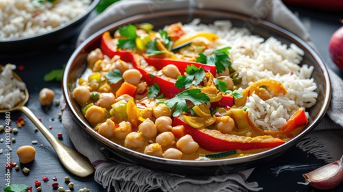 A simple meal consisting of rice and various vegetables served on a table photo