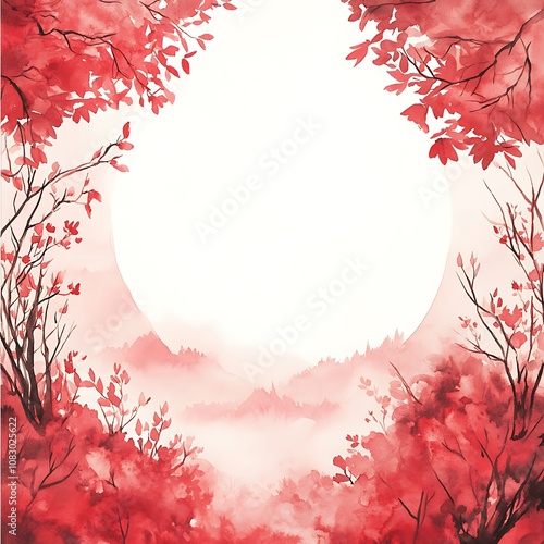 Watercolor Painting of a Red Forest with White Space photo