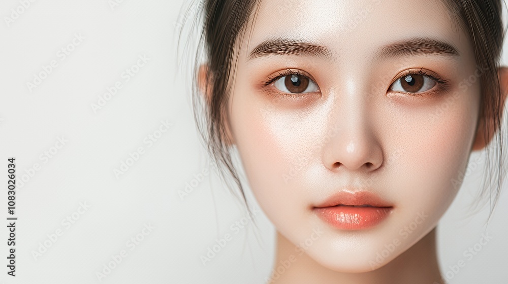 Fototapeta premium Close-up portrait of a young woman with flawless skin and natural makeup looking at the camera.