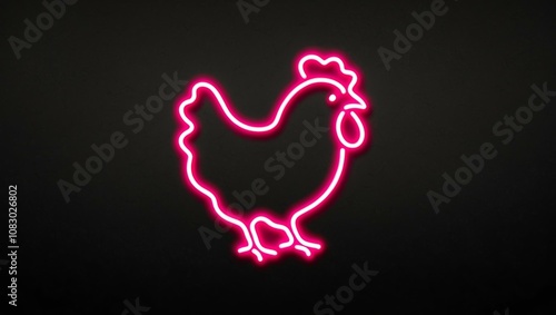 pink neon light fried chicken outline centered on black background