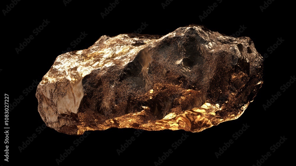 Fototapeta premium A large, rough, gold-colored rock isolated on a black background.
