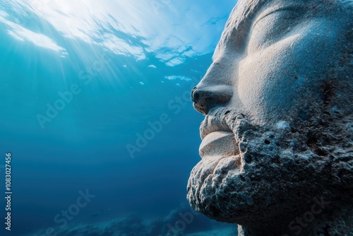 A majestic large stone face submerged underwater, casting a striking silhouette under the sunlight, suggesting mystery and ancient wisdom in serene aquamarine depths. photo