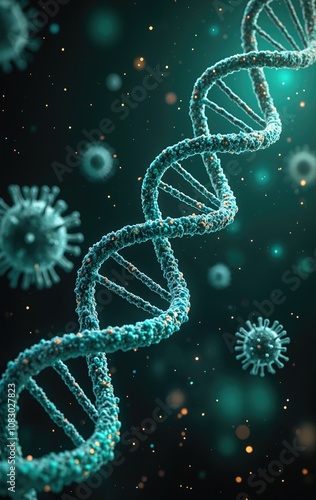 Close-up of DNA double helix structure with virus particles in the background. 3D digital illustration in dark teal and green tones. Genetic research, virology, and biotechnology concept.