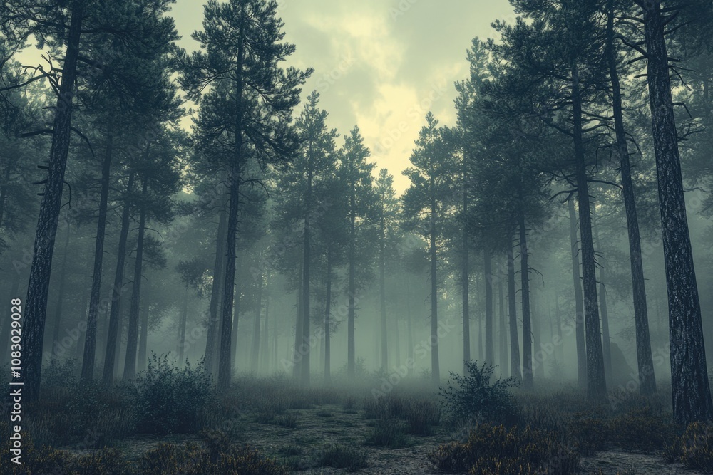 Obraz premium A dense fog surrounds tall trees in a mystical forest setting, ideal for mystery or thriller scenes