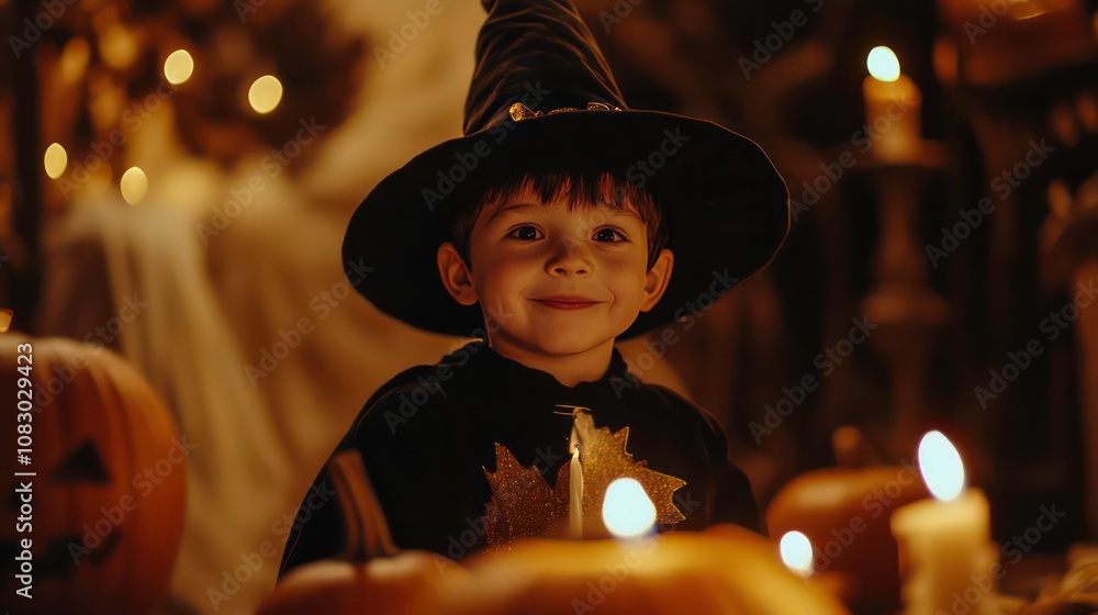 Fototapeta premium A young boy dressed as a wizard smiles happily while surrounded by pumpkins and candles on Halloween.