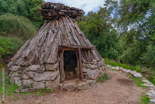 View of the old shepherd's hut built of stones and wood