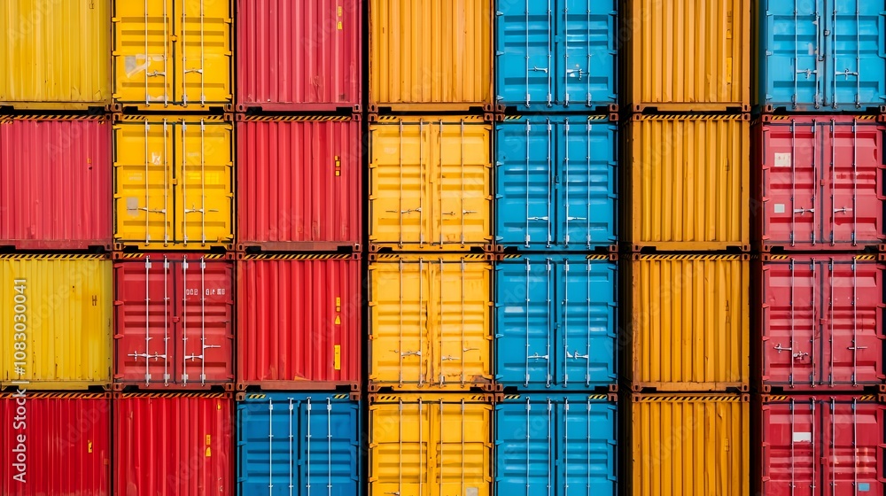 Fototapeta premium Stacked shipping containers in a colorful pattern.