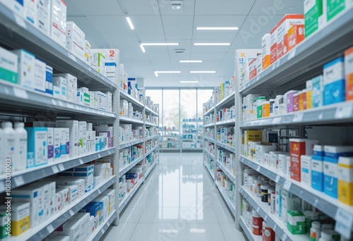 Pharmacy aisle with shelves stocked with various medicine and health products. Perspective view of over-the-counter drugstore items in a clean, well-lit retail environment. Healthcare and pharmaceutic