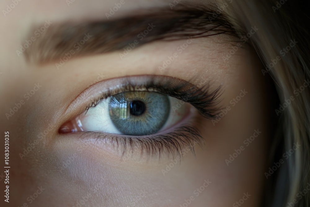 Obraz premium A close-up shot of a woman's blue eye with details on eyelashes and eye shape