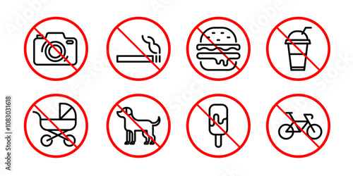 Prohibition signs in linear style no stroller or bicycle parking, photography, no smoking, no pets, do not drink and eat icon isolated on transparent background. Editable stroke. Vector illustration
