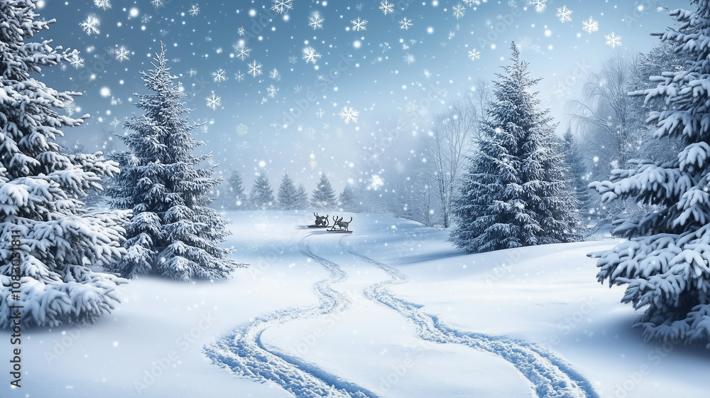 Fototapeta premium A winter wonderland scene with snow-laden trees, reindeer tracks in the snow, and a sleigh in the distance