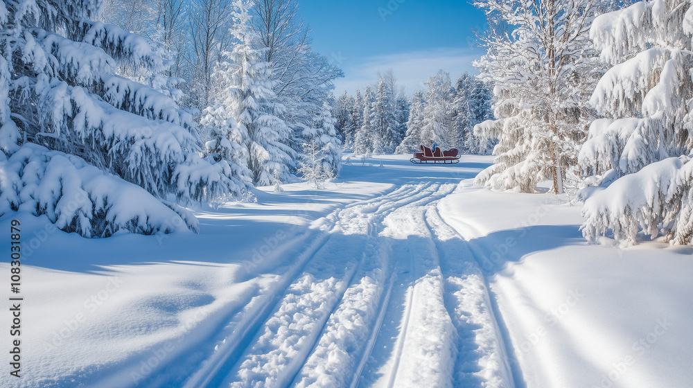 Fototapeta premium A winter wonderland scene with snow-laden trees, reindeer tracks in the snow, and a sleigh in the distance