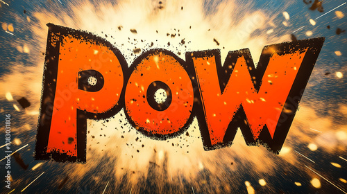 Pow exploding comic book caption with fire sparks effect
