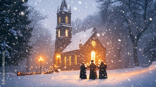 Carolers singing outside a snow-covered church, holding candles and songbooks in the softly falling snow photo