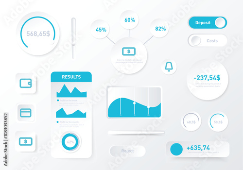This image shows various finance dashboard components, including graphs. Vector illustration