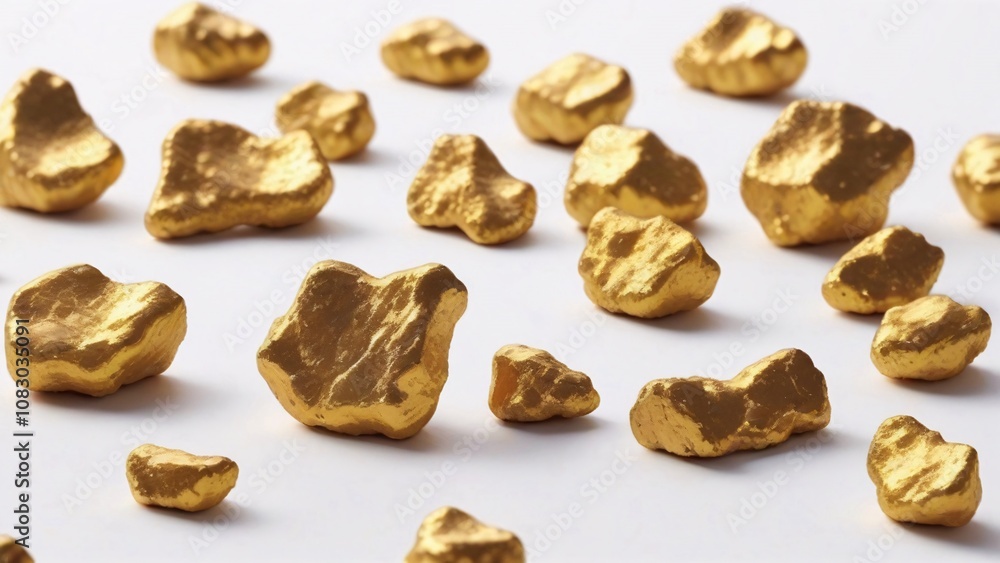 Obraz premium A scattering of small, irregular gold nuggets on a white background.