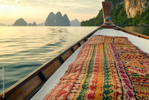 A long boat with a colorful blanket wrapped around its front, suitable for outdoor events or promotional purposes photo