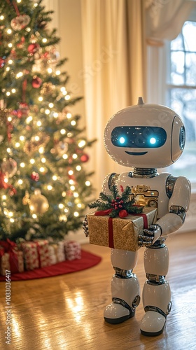 robot with New Year's gift
