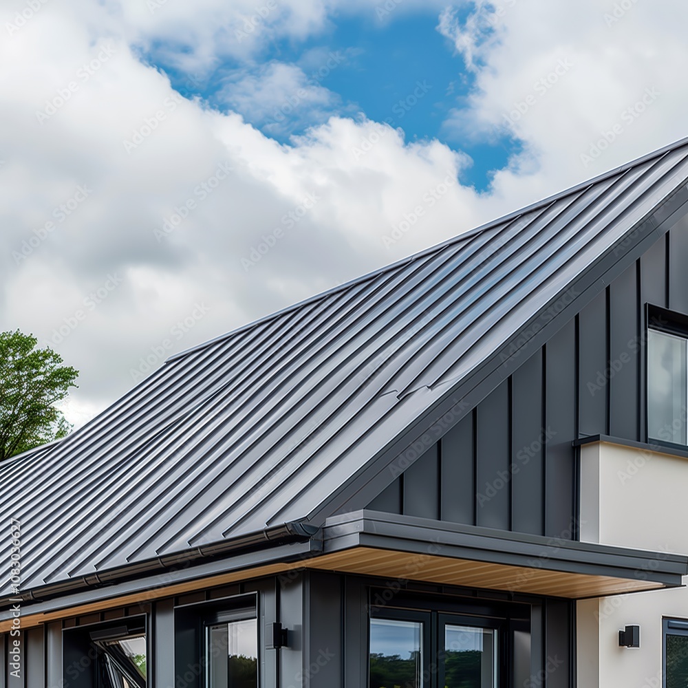 Fototapeta premium Skilled roofers are working on the installation of zinc roofing on a stylish residential building. The bright clouds above complement the modern design