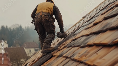 Wallpaper Mural A worker carefully places shingles and zinc sheets on a sloped roof of a house in a rural area. The atmosphere is calm, with trees in the background and soft lighting Torontodigital.ca