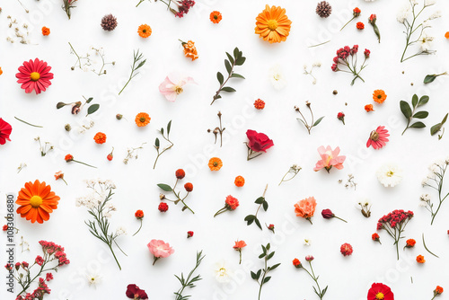Flat Lay of Colorful Flowers on White Background