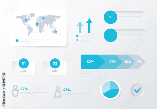 An infographic presenting world population statistics and trends with graphs. Vector illustration