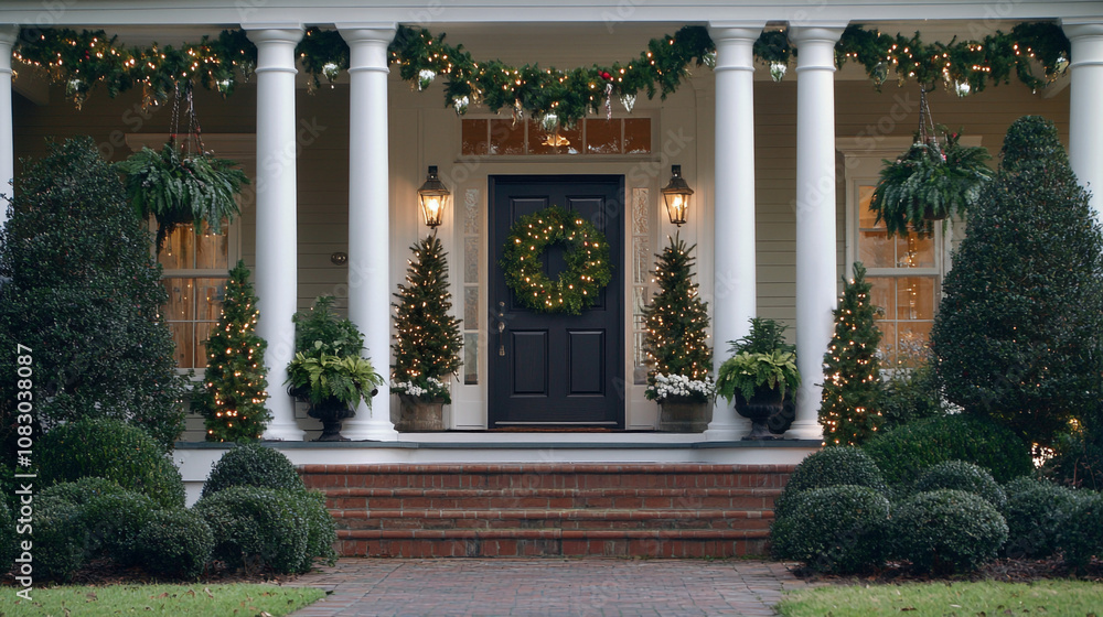 Obraz premium Festive Christmas Home Exterior Decor Porch Trees Wreath Lights