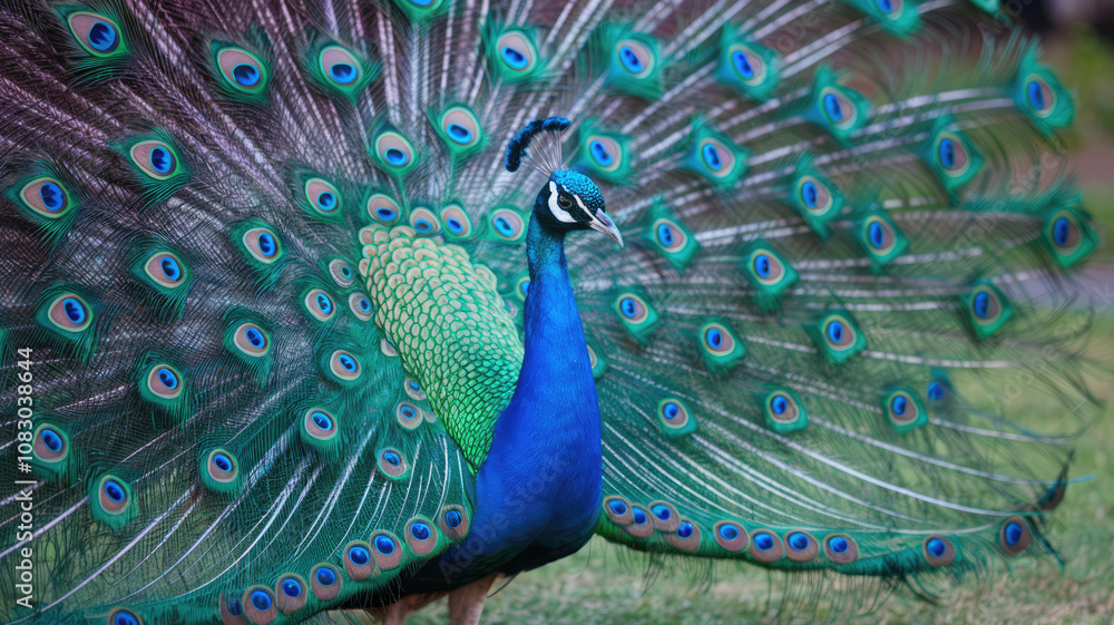 Obraz premium A peacock is standing in a grassy field with its feathers spread out. The bird is large and colorful, with a mix of blue and green feathers. The scene is peaceful and serene