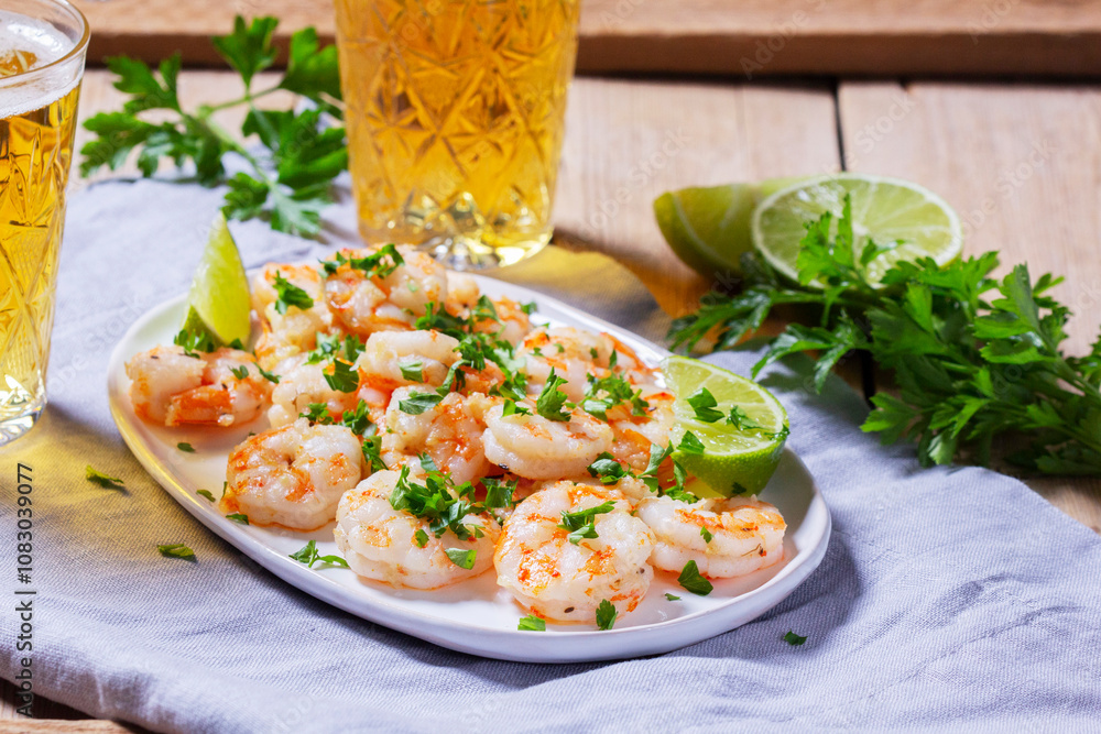 Shrimp cooked with garlic and herbs, served with beer and lime on a wooden table.