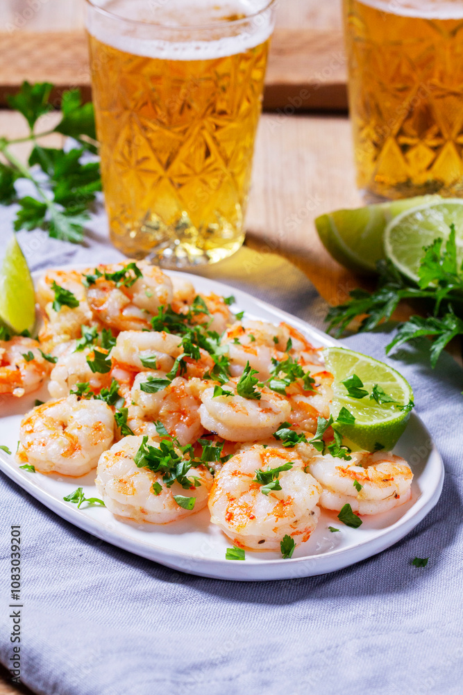 Shrimp cooked with garlic and herbs, served with beer and lime on a wooden table.
