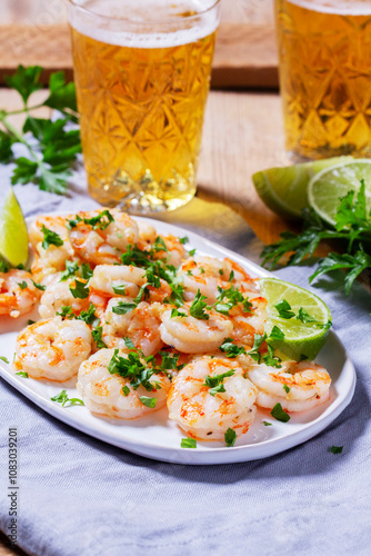 Obraz na płótnie Shrimp cooked with garlic and herbs, served with beer and lime on a wooden table. w salonie