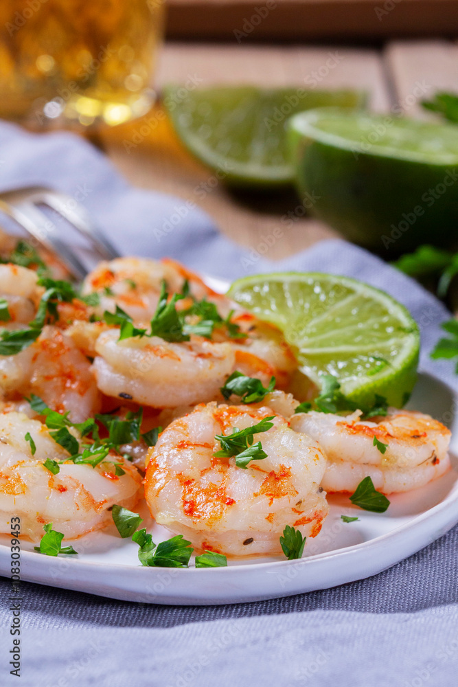 Shrimp cooked with garlic and herbs, served with beer and lime on a wooden table.