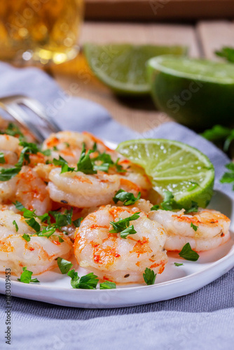 Obraz na płótnie Shrimp cooked with garlic and herbs, served with beer and lime on a wooden table. w salonie