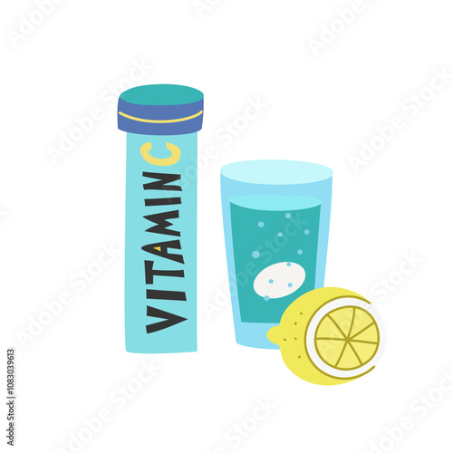 Effervescent soluble tablet pills whit vitamin C. Hand-drawn vector illustration isolated on white background.