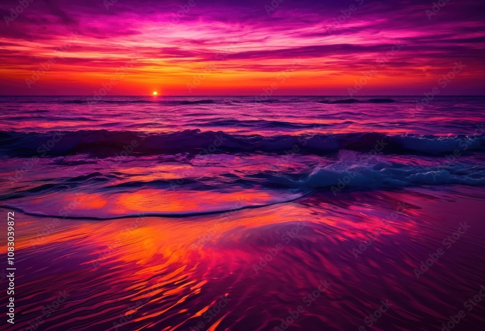 Obraz premium vibrant beach sunset glowing over tranquil waves created horizontal rays colorful light reflecting calming ocean surface, reflection, sky, colors, orange
