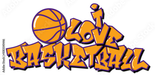 I Love Basket - yellow, purple and and black with ball basketball, sport vector graphics for street art - graffiti lettering typography - art illustration - multicolor - writen Word -	