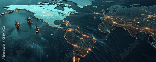 A map showing global import-export logistics network with international partner links.
