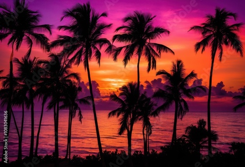 stunning vibrant palm tree silhouettes emerge bright sunset skies colorful gradients creating breathtaking tropical scene, colors, scenery, horizon, landscape