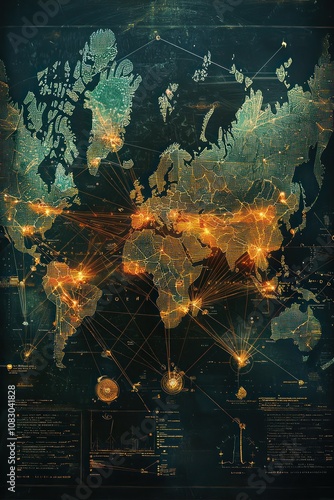 A map showing global import-export logistics network with international partner links. photo