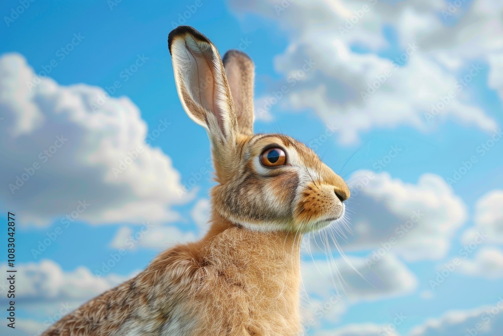 Obraz premium A close-up of a rabbit with fluffy clouds in the background, perfect for use in illustrations or design projects