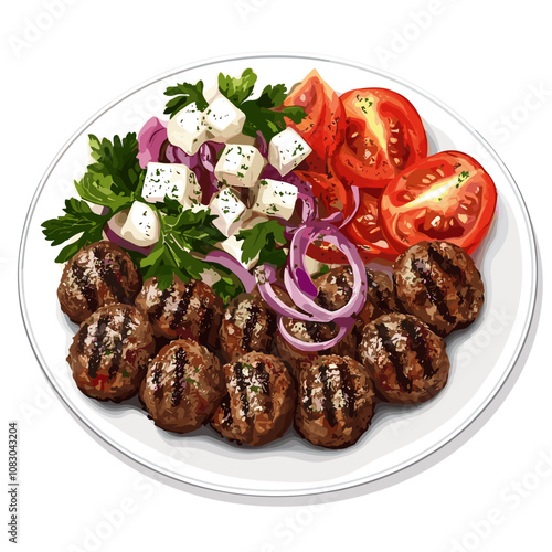 Greek Keftedes with Fresh Greek Salad - Mediterranean Illustration